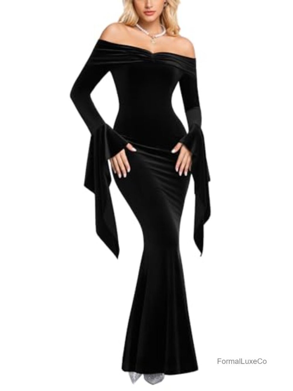 Off Shoulder Velvet Maxi Mermaid Dress Long Sleeve Formal Gown